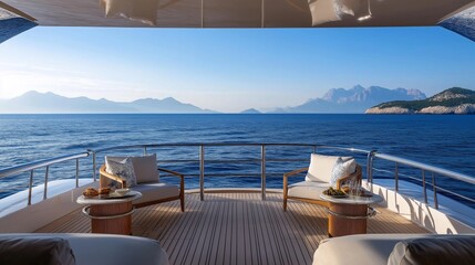 Fototapeta premium picturesque view from the deck of a yacht, showing the vast open sea, distant mountains