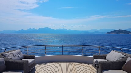 Fototapeta premium picturesque view from the deck of a yacht, showing the vast open sea, distant mountains