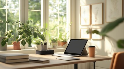 Fototapeta premium productive workspace with a tablet, laptop, and coffee cup, arranged on a minimalist desk