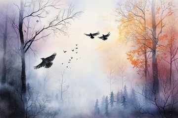 Misty Autumn Forest with Flying Birds Watercolor Painting