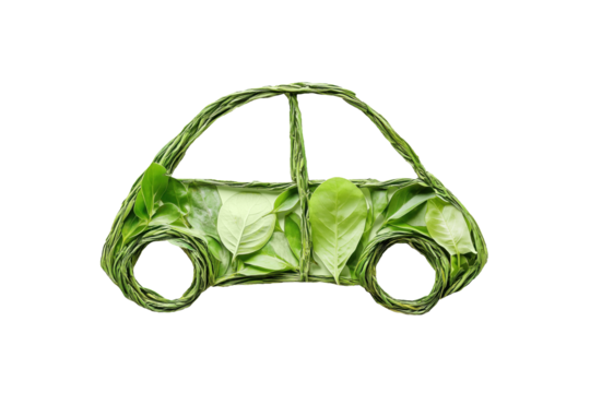 Eco Green Car Made of Leaves Isolated on White and Png Transparent Background. No Pollution and Emmission Transportation Concept - Powered by Adobe