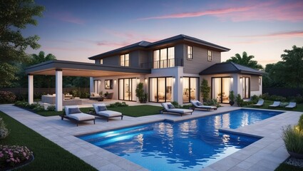 Fototapeta premium Modern house exterior with pool and lush garden