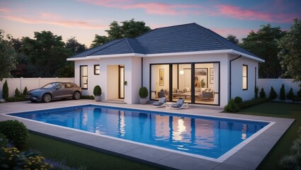 Fototapeta premium Modern house exterior with pool and garden at dusk