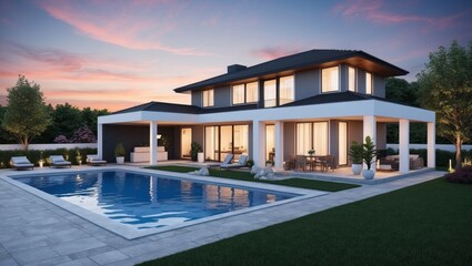 Fototapeta premium Modern house exterior with pool and lush garden