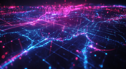 Obraz premium Dynamic visualization of interconnected data streams in a futuristic cityscape at night