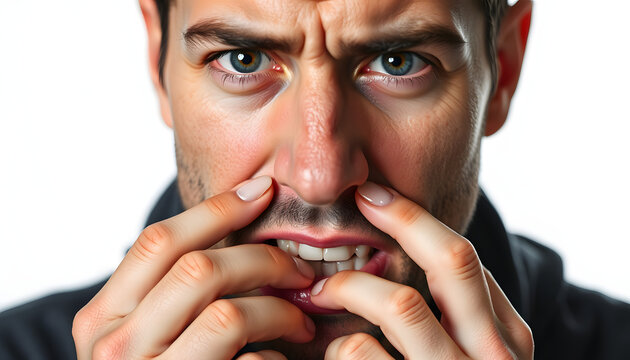 Portrait, bite nails and man with anxiety, mental health or depression with guy isolated on white studio background. Face, male person or model with bad habit, mockup or anxious with problem or issu