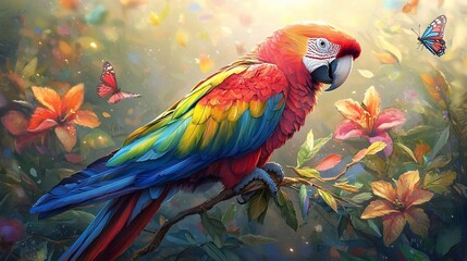 Obraz premium Vibrant scarlet macaw perched on branch amidst colorful flowers and butterflies.