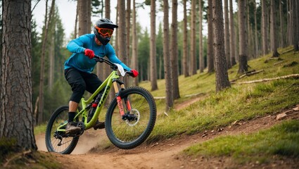 Fototapeta premium Mountain biker riding on a forest trail
