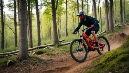 Naklejka premium Mountain biker riding through scenic forest trail