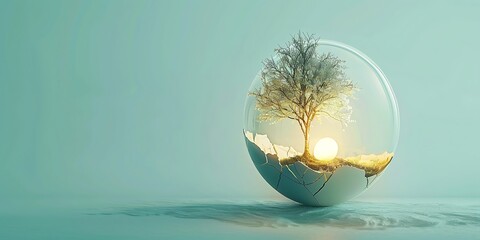 A glowing tree growing inside a cracked egg, symbolizing new beginnings, growth, and the transformation of potential into life amidst challenges and change