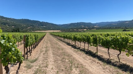 Fototapeta premium A scenic vineyard landscape shows rows of lush grapevines against a clear blue sky and rolling green hills, ideal for agricultural, travel, or wine-related projects,
