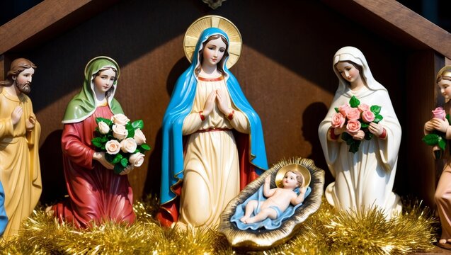 Nativity scene mary holding bouquet of roses