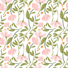 Seamless floral pattern featuring delicate pink flowers, green leaves, and orange accents on a white background. Ideal for textiles, wallpapers, stationery, gift wrap, and elegant botanical designs