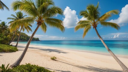 Obraz premium Panoramic view of tropical beach with palm trees