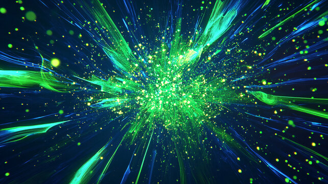 Exploding burst of neon green and blue lines, with glowing particles flying in all directions, evoking digital chaos and energy. 