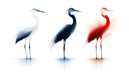 Obraz premium A vibrant illustration of three stylized cranes in varying colors showcases their elegant form, ideal for nature-themed projects, artwork, or as a backdrop in environmental awareness materials,