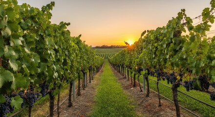 Vineyard at sunset with rows of grapevines and ripe grapes