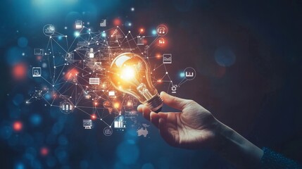 Hand grasping light bulb symbolizing innovation with digital marketing icons on a blue background