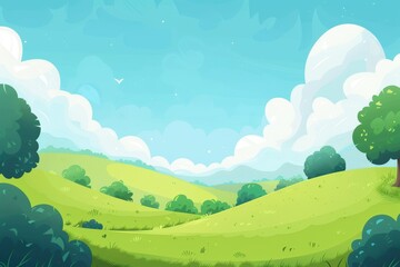 A cartoon illustration of a grassy landscape with hills, trees, and a blue sky with fluffy clouds.