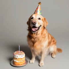Dog wearing birthday cap with birthday cake, full body standing