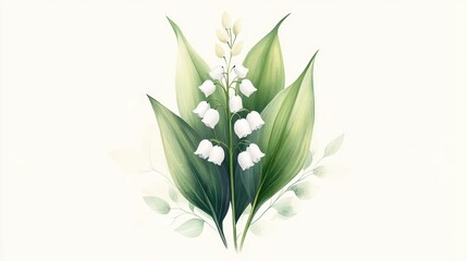 Obraz premium A beautifully illustrated arrangement of lily of the valley flowers surrounded by lush green leaves, This serene image is perfect for nature-themed projects, floral decorations, or wellness content,