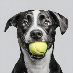 Dog holding a tennis ball in the mouth, full body