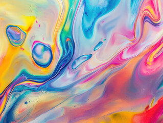 Obraz premium Vibrant abstract painting with colorful swirls and fluid textures, showcasing blend of blue, pink, yellow, and green hues that evoke sense of creativity and energy