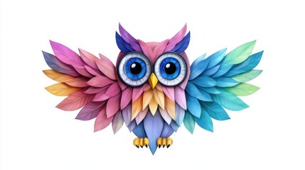 Obraz premium A vibrant, colorful owl made of colorful leaves spread its wings wide, set against a white background, This whimsical image can be used for children's books, educational materials