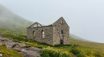 Fototapeta premium Abandoned stone church ruins on misty landscape with lush green grass and wildflowers