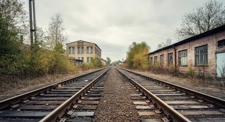 Obraz premium Distant railroad tracks flanked by old, abandoned buildings