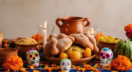Obraz premium Traditional Mexican Day of Dead altar with food and decorations