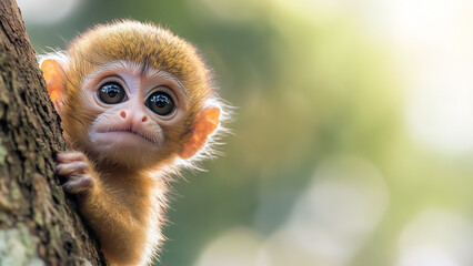 Naklejka premium A small, curious monkey peeking out from behind a tree trunk.