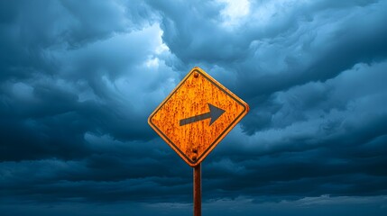 Old, rusted road sign in fierce wind, bending under pressure, as black storm clouds gather overhead, electric atmosphere foreboding, dilapidated, windstorm, eerie tension