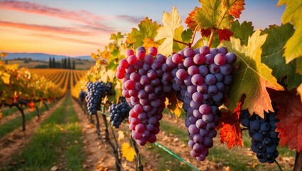 Fototapeta premium Ripe red grapes in tuscany at sunset