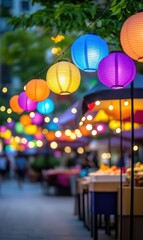 Colorful Lanterns Illuminate Vibrant Night Market with Bokeh Effect and Lively Atmosphere