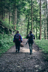 Jeune couple en randonnée cueillette champignons famille enfant portage