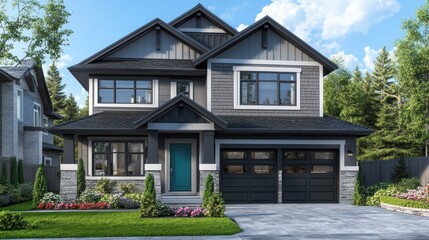 A modern two-story house with a landscaped yard and driveway.