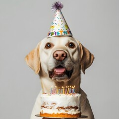 Dog wearing birthday cap with birthday cake, full body standing