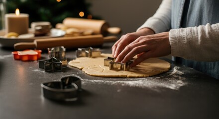 Person using cookie cutters to shape dough in cozy kitchen