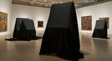 Covered artworks in modern museum with paintings on white walls
