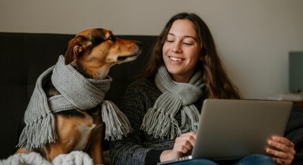 Smiling woman with dog sitting on sofa, using laptop, both wearing matching scarves