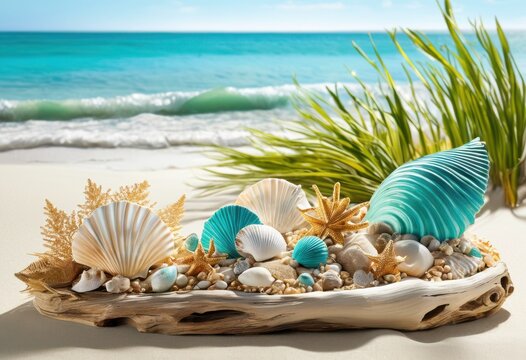 vibrant beach still life featuring colorful seashells unique driftwood arrangements create coastal aesthetic, ambiance, artistic, background, beachcombing