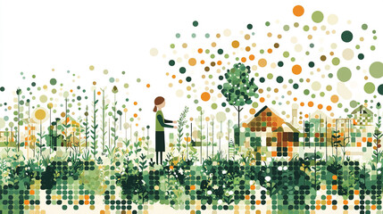 Woman gardening in sustainable city with green pixels representing nature