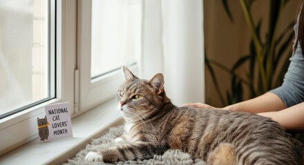 Grey tabby cat with human hand resting against it on windowsill near sign celebrating National Cat Lover's Month