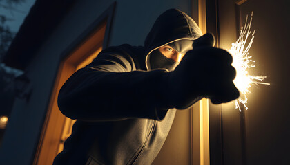 Burglar Using Crowbar To Break Into A House isolated with white highlights, png