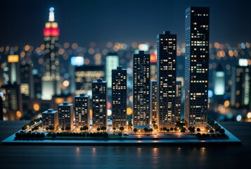 Naklejka premium City skyline model illuminated at night with detailed miniature buildings and lights