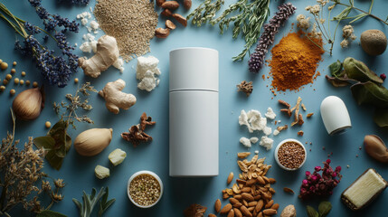 Natural ingredients and herbs surrounding deodorant bottle for personal care and wellness concept