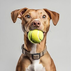 Dog holding a tennis ball in the mouth, full body