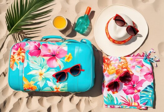 vibrant spring break travel essentials flatlay arrangement featuring colorful luggage adventurous getaway, accessories, beach, blanket, book, bag, charger