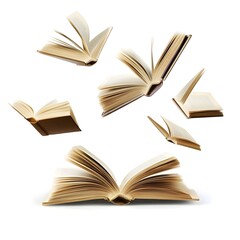 Set of floating books open on white background